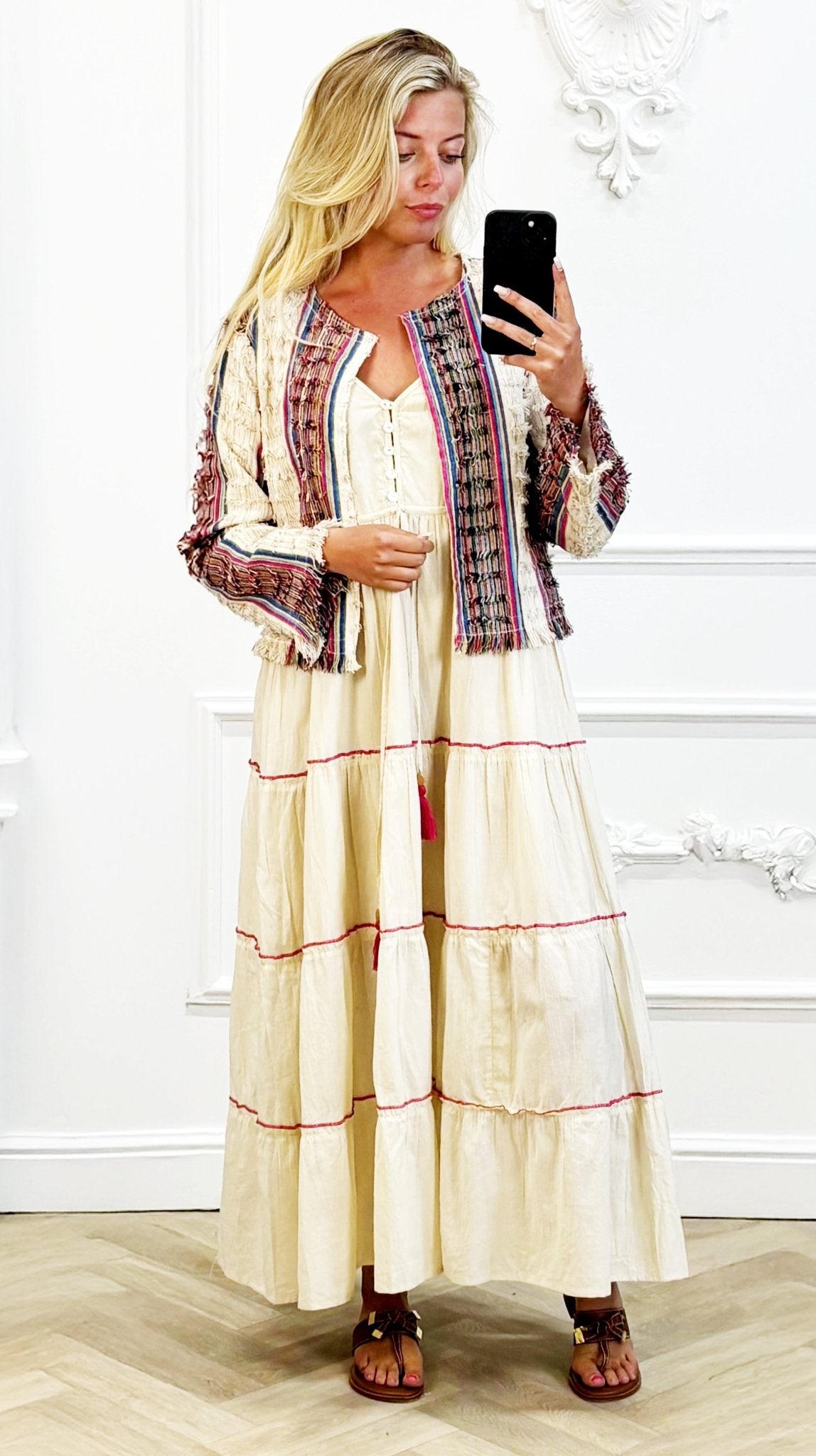 "Beige Zomerjurk met Geweven Kimono" - BlushFashionstore