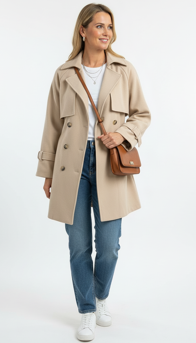 Model draagt beige trenchcoat met dubbele knopen en klassieke kraag – stijlvolle lange damesjas.