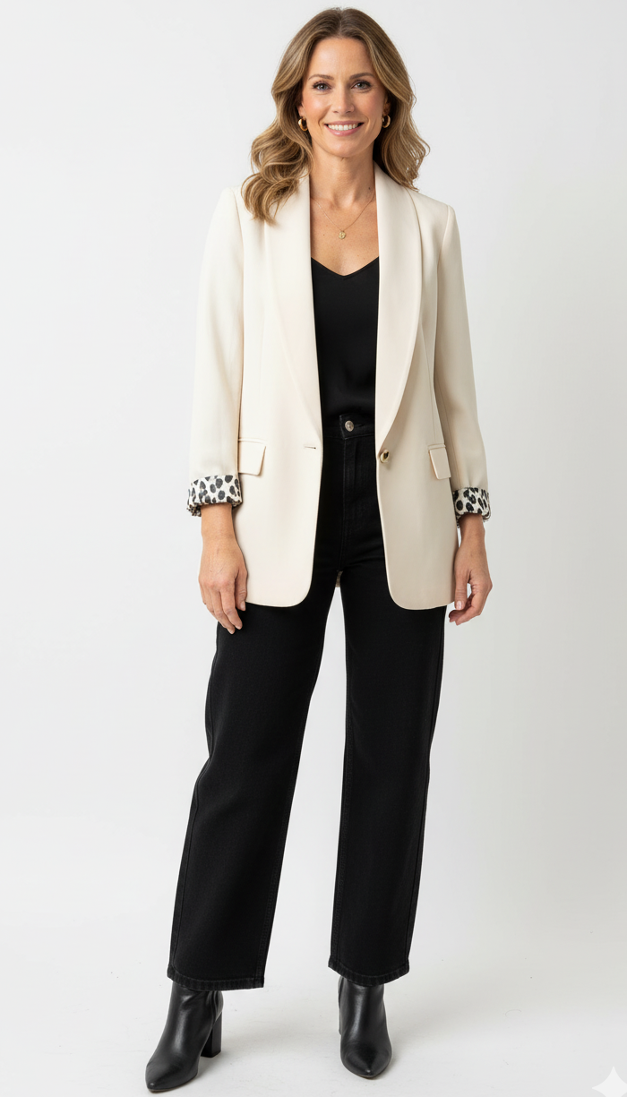 Model draagt ecru blazer met panterprint manchetten en zwarte top – elegante damesblazer.