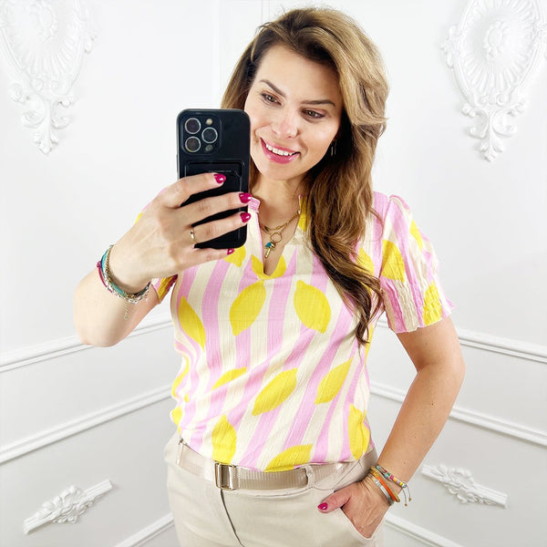 Blouse citroen print roze - streep - BlushFashionstore
