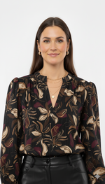 Zwarte dames blouse met floral print en V-hals, lange mouwen