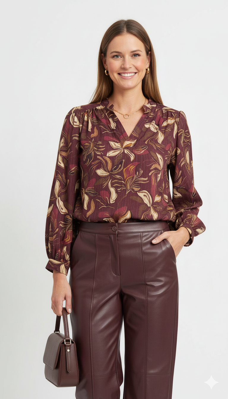 Bordeaux dames blouse met floral print en V-hals, lange mouwen