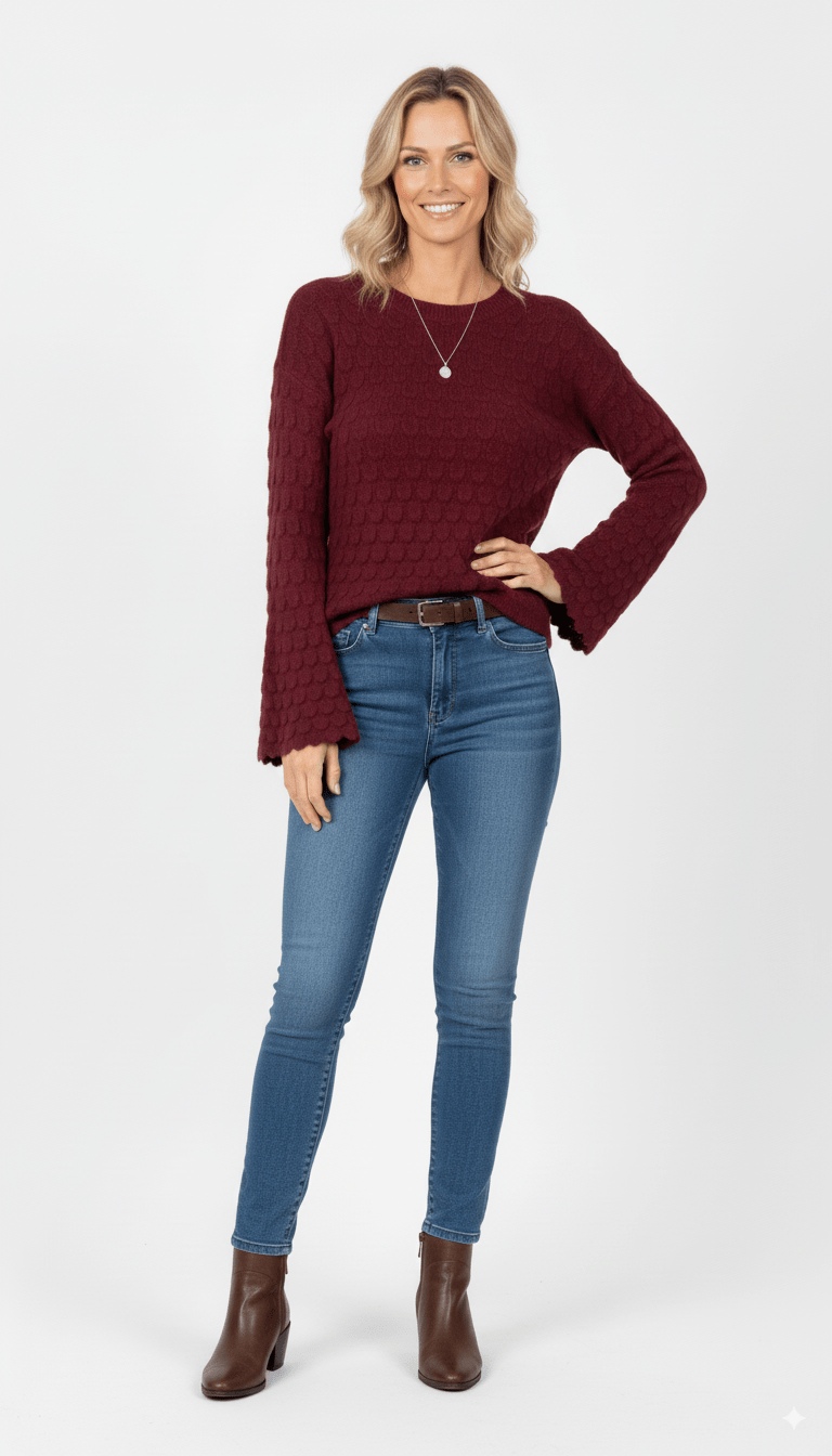 Bordeauxrode Trui Dames – Gebreide Trui met Structuur en Wijde Mouwen - BlushFashionstore