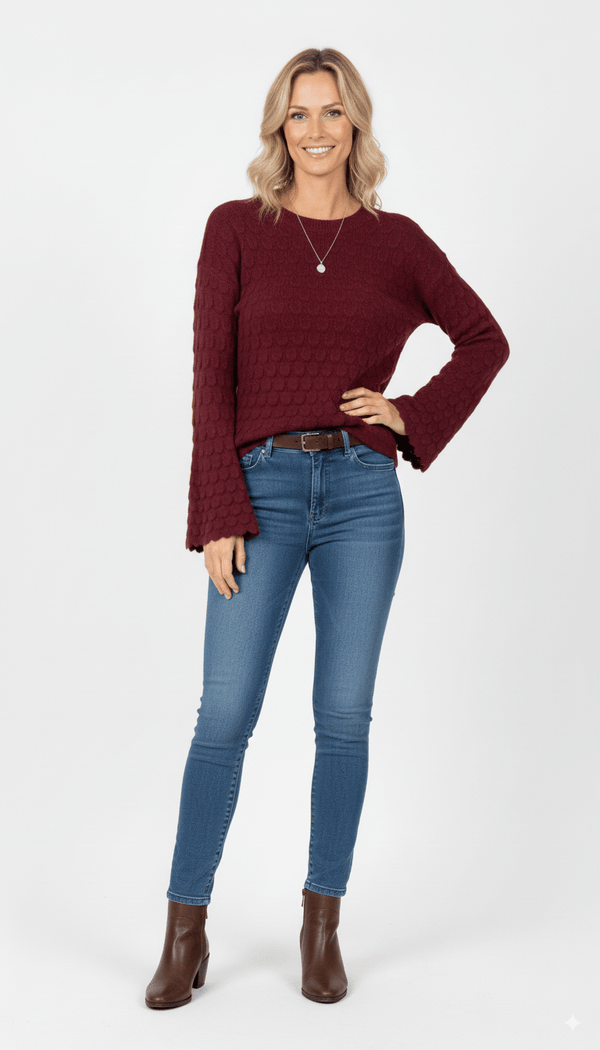 Bordeauxrode Trui Dames – Gebreide Trui met Structuur en Wijde Mouwen - BlushFashionstore