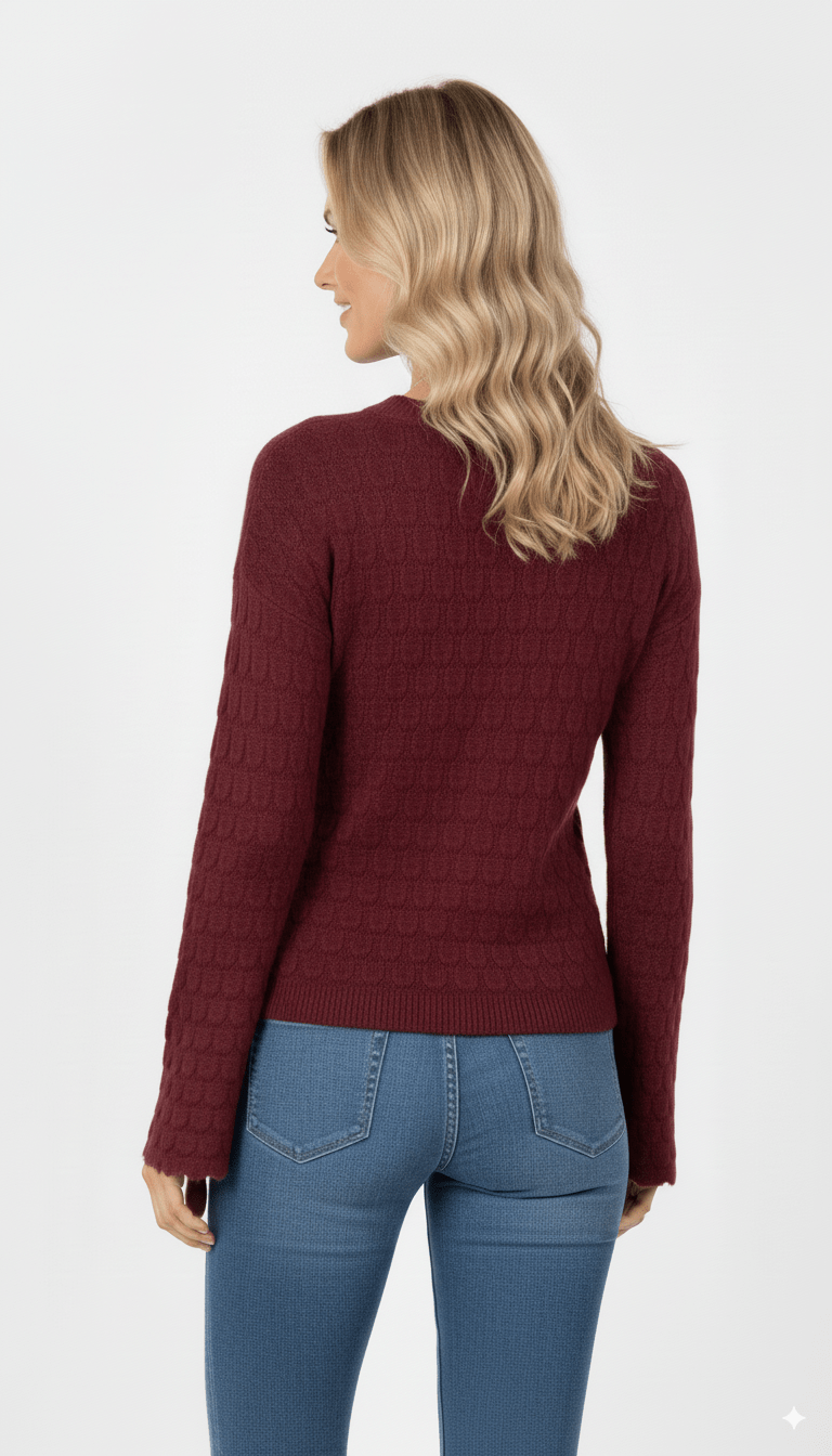 Bordeauxrode Trui Dames – Gebreide Trui met Structuur en Wijde Mouwen - BlushFashionstore