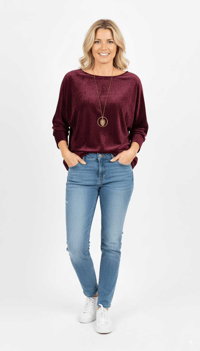 Bordeauxrode Trui Dames – Losvallende Zachte Trui met Ronde Hals - BlushFashionstore