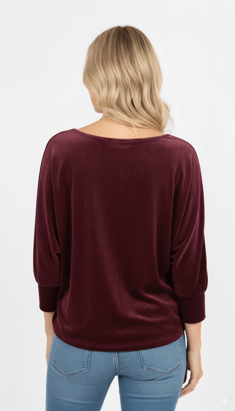 Bordeauxrode Trui Dames – Losvallende Zachte Trui met Ronde Hals - BlushFashionstore