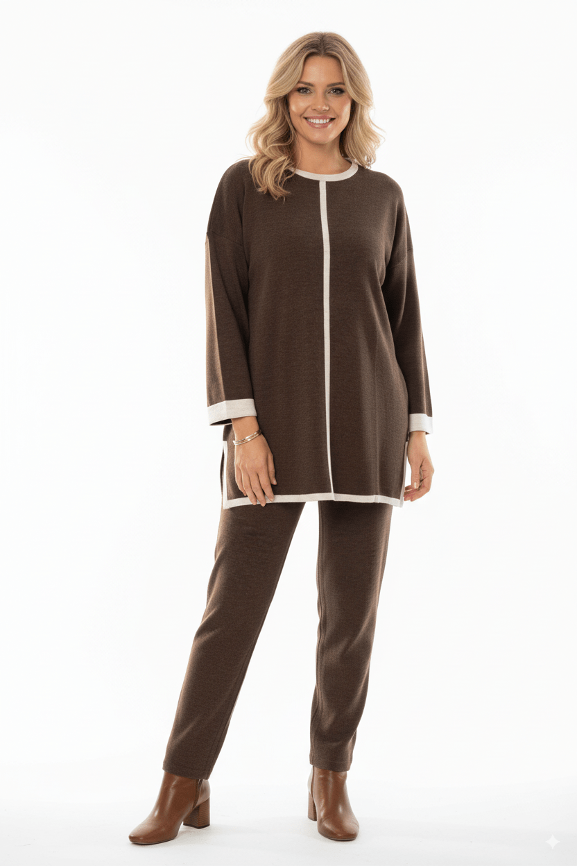 Bruine 2 - Delige Dames Set – Trui & Wijde Broek met Witte Bies - BlushFashionstore