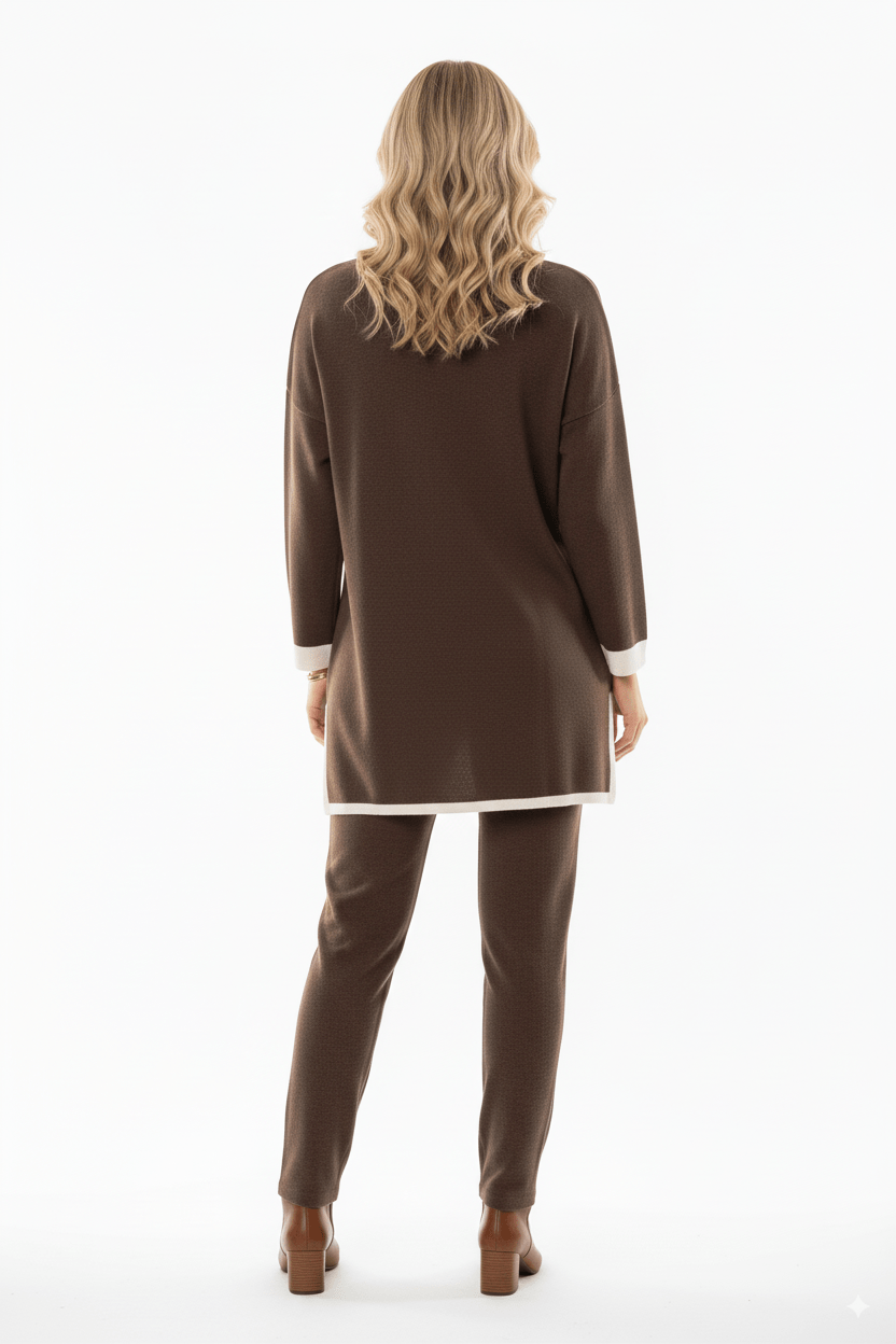 Bruine 2 - Delige Dames Set – Trui & Wijde Broek met Witte Bies - BlushFashionstore