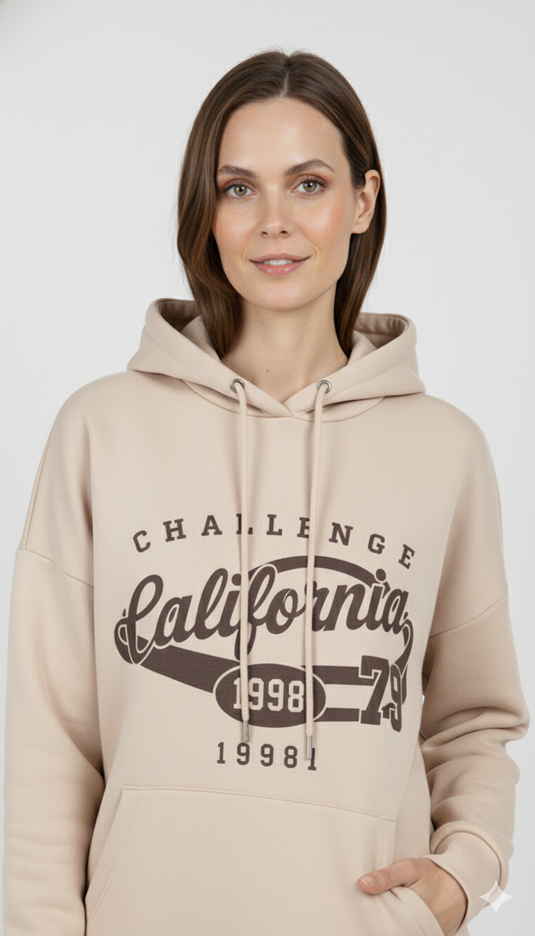 Vrouw met beige hoodie met ‘California Challenge 1998’ print en capuchon – comfortabele damestrui met sportieve, casual uitstraling.