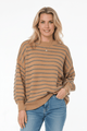 Camel dames trui met grijze strepen – Oversized knitwear - BlushFashionstore