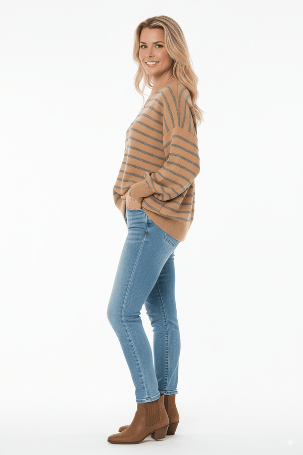 Camel dames trui met grijze strepen – Oversized knitwear - BlushFashionstore