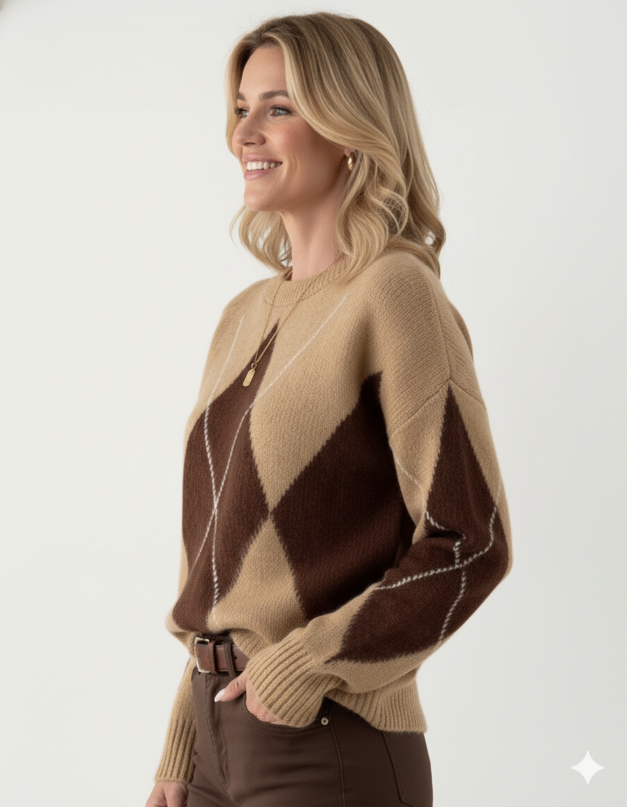 Beige gebreide damestrui met bruin argyle diamantpatroon en geribde boorden