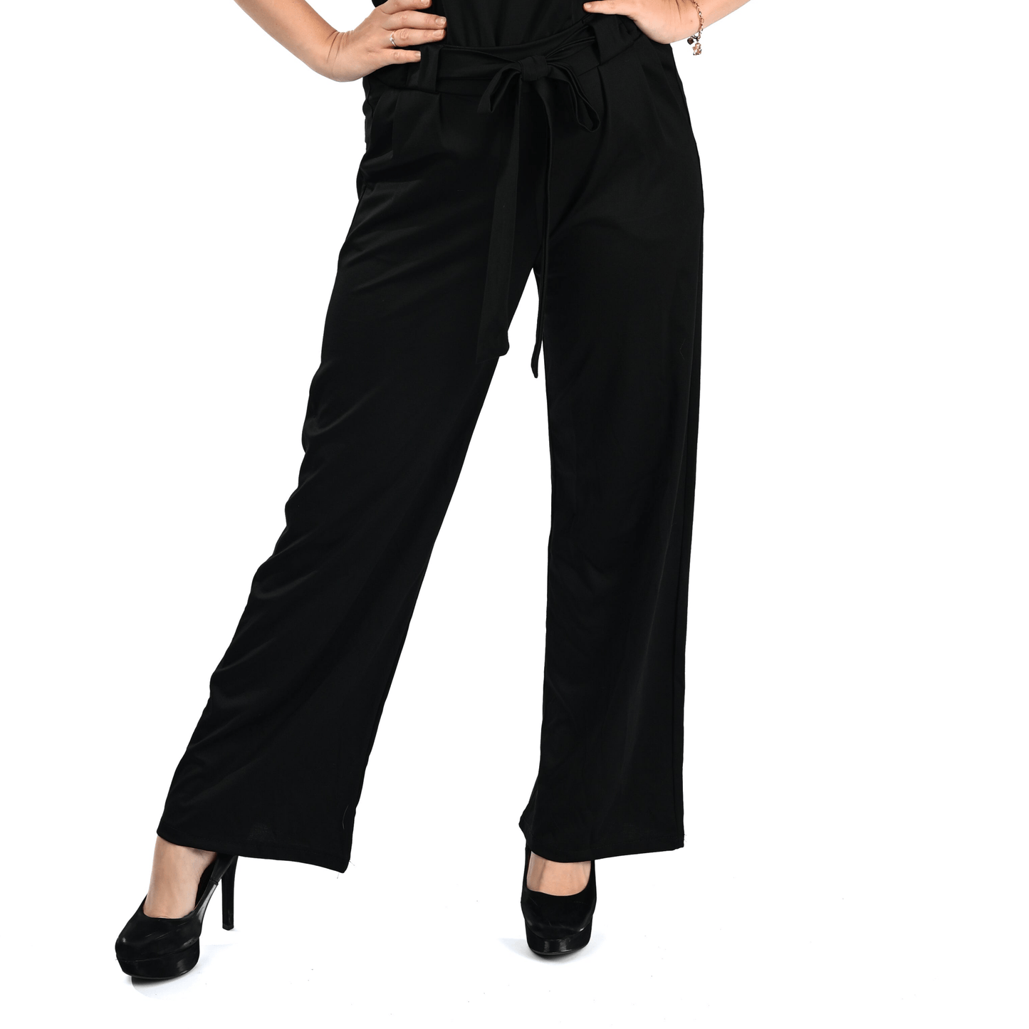 Chastar Wijde Broek in Zwart – High - Waist Elegantie met Strikceintuur - BlushFashionstore