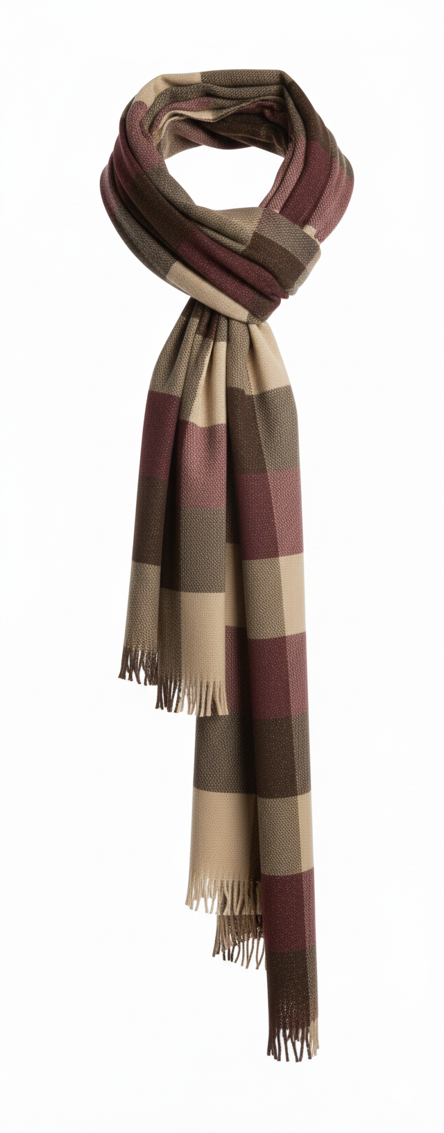 Geruite sjaal in beige, bruin en bordeaux met franjes – warme dames sjaal.