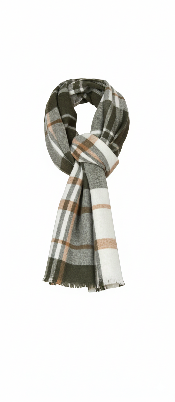 Geruite sjaal in groen, beige en wit – warme zachte dames sjaal.