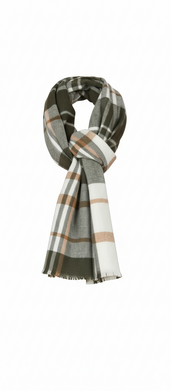 Geruite sjaal in groen, beige en wit – warme zachte dames sjaal.