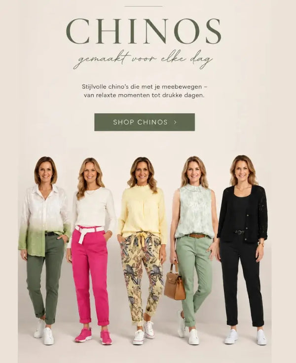 Dames chino's bij BlushFashionstore in olijfgroen, roze, bloemenprint, mintgroen en zwart – gemaakt voor elke dag