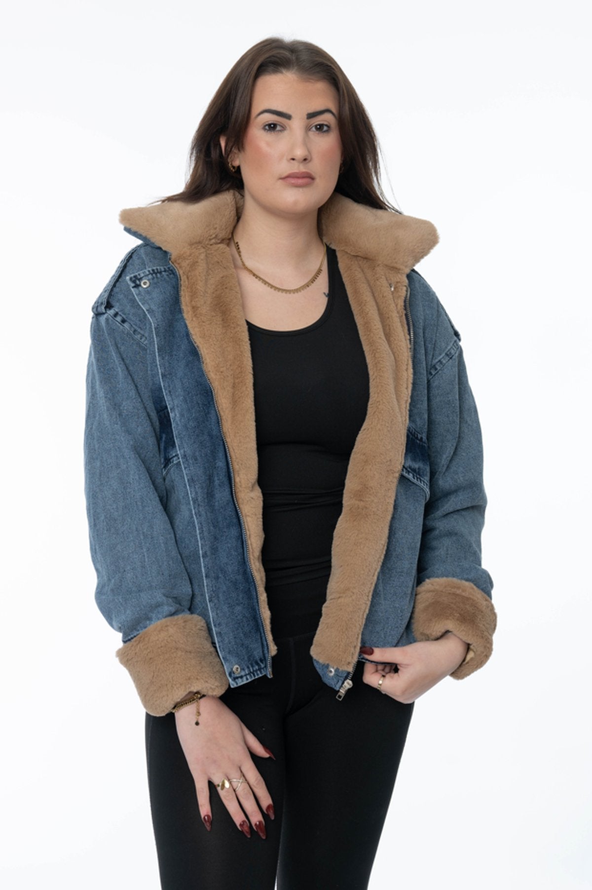 Dames denim jas met teddy voering – Warme oversized spijkerjas - BlushFashionstore