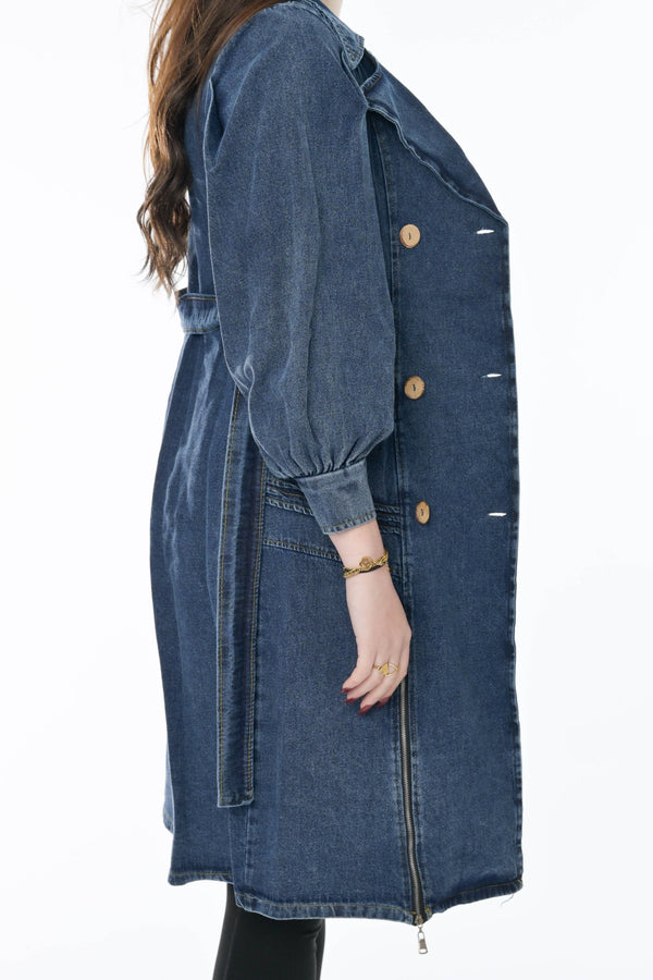 
                    
                      Dames denim trenchcoat – Lange spijkerjas met ceintuur en ritsdetails - BlushFashionstore
                    
                  