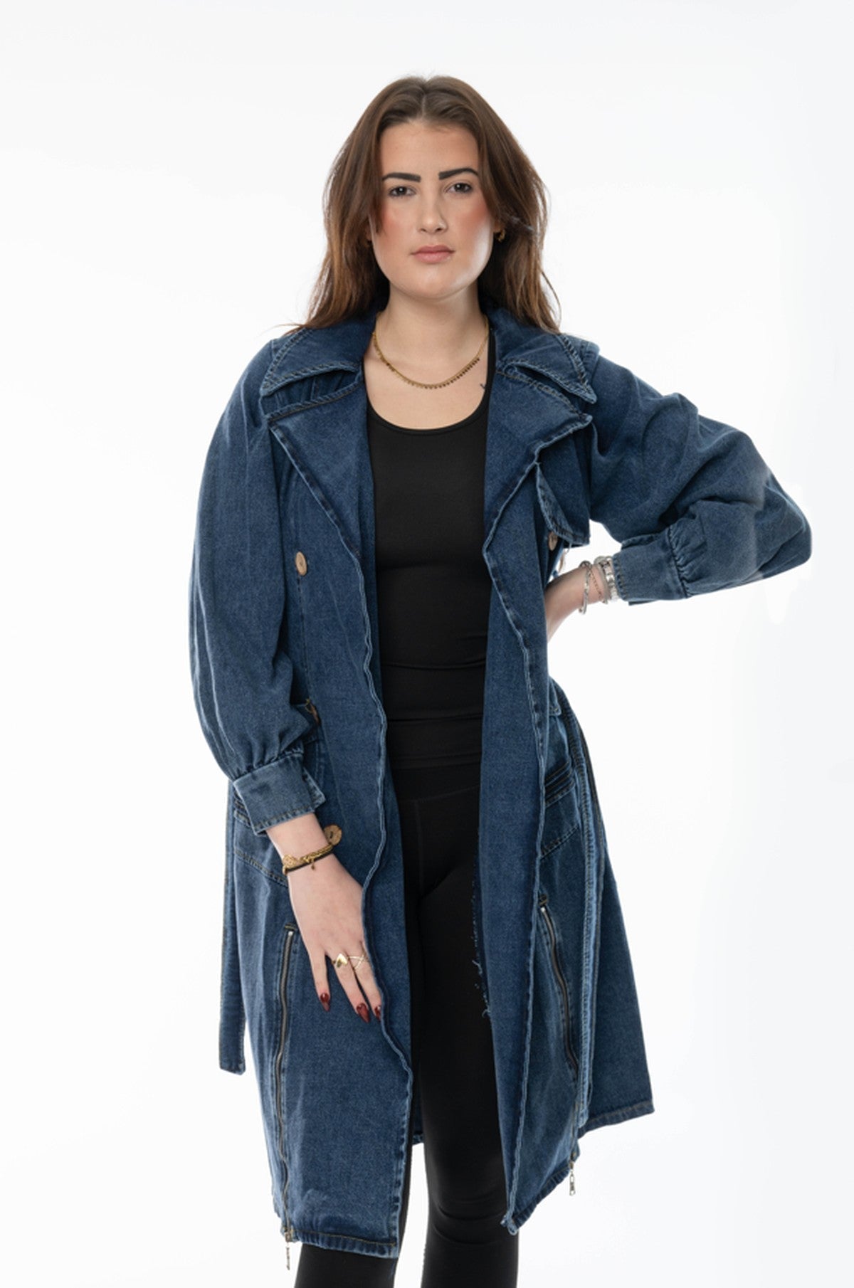 Dames denim trenchcoat – Lange spijkerjas met ceintuur en ritsdetails - BlushFashionstore
