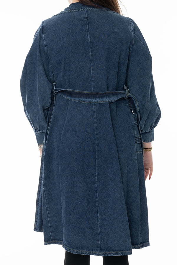Dames denim trenchcoat – Lange spijkerjas met ceintuur en ritsdetails - BlushFashionstore