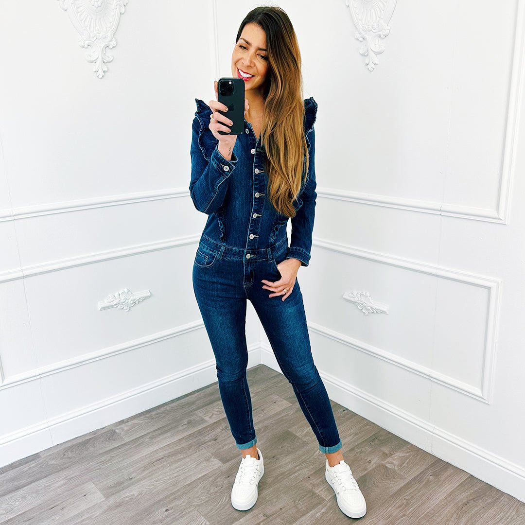 Denim Jumpsuit Ruffel Blauw - BlushFashionstore