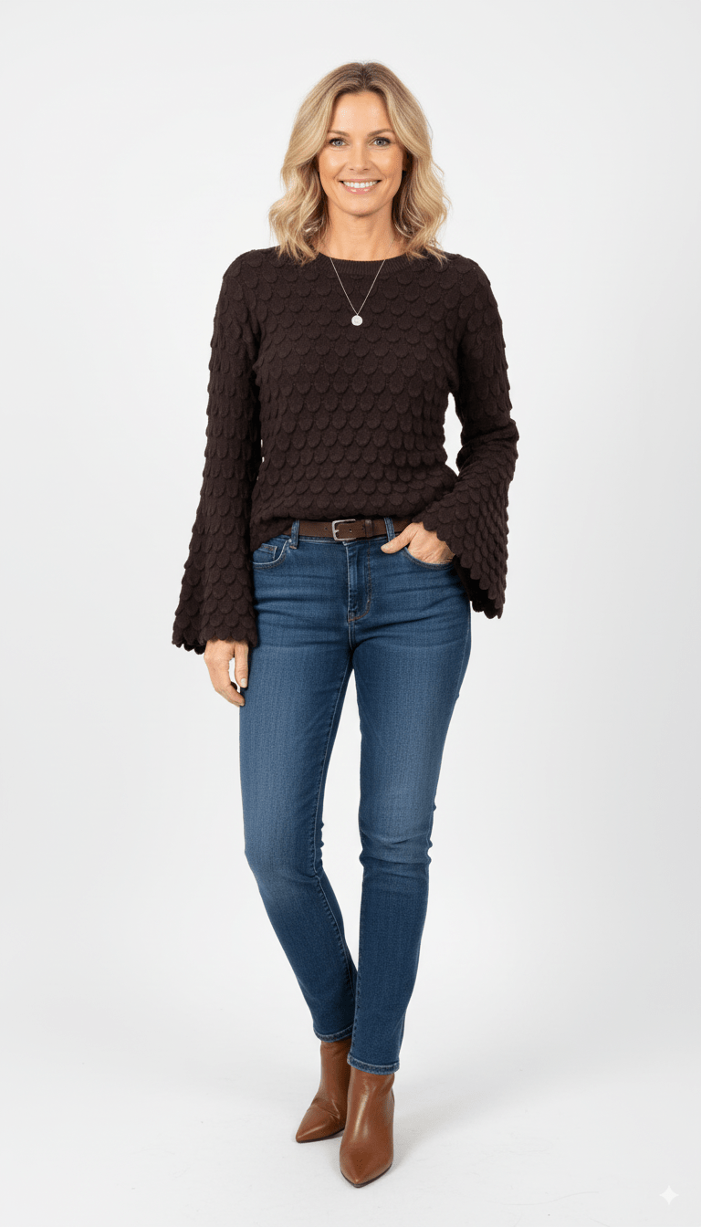 Donkerbruine Trui Dames – Gebreide Trui met Structuur en Wijde Mouwen - BlushFashionstore