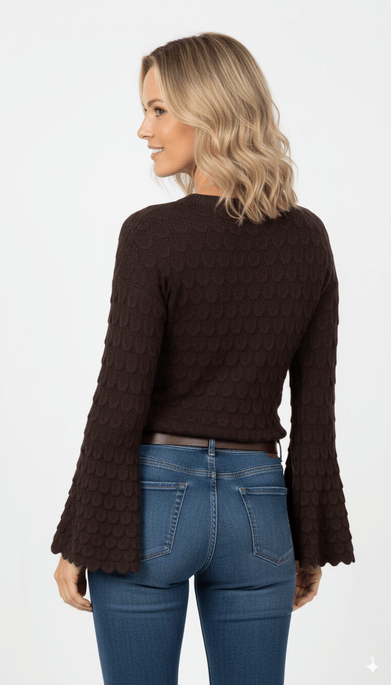 Donkerbruine Trui Dames – Gebreide Trui met Structuur en Wijde Mouwen - BlushFashionstore
