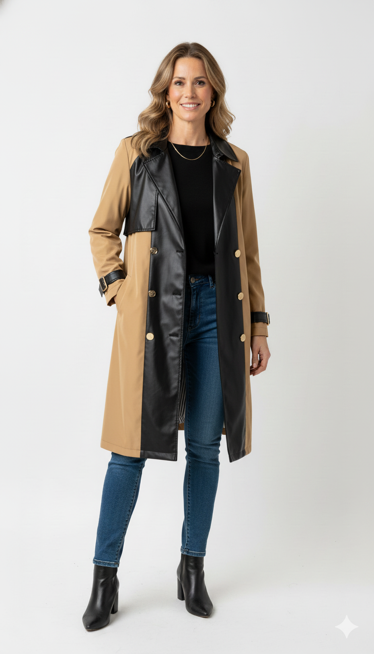 Model draagt camel trenchcoat met zwarte faux leather details en gouden knopen – stijlvolle lange damesjas.