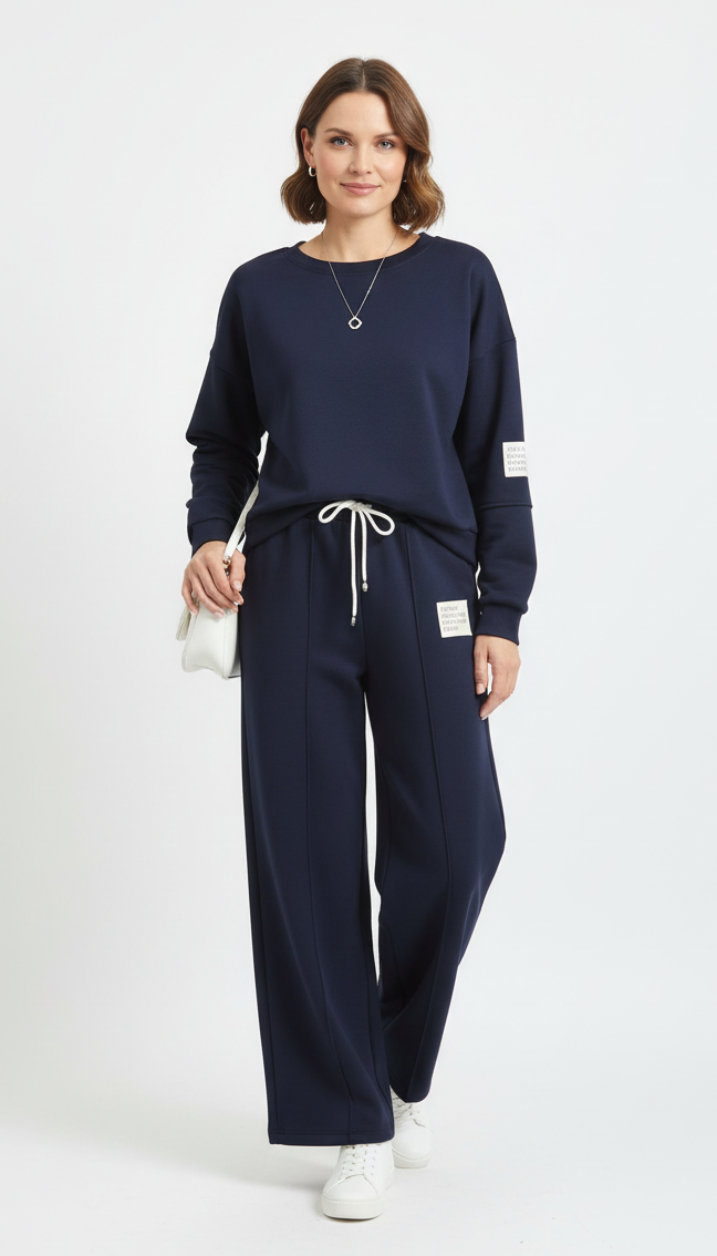 Vrouw draagt donkerblauw joggingpak met sweater en rechte broek – stijlvolle dames lounge set met witte sneakers.