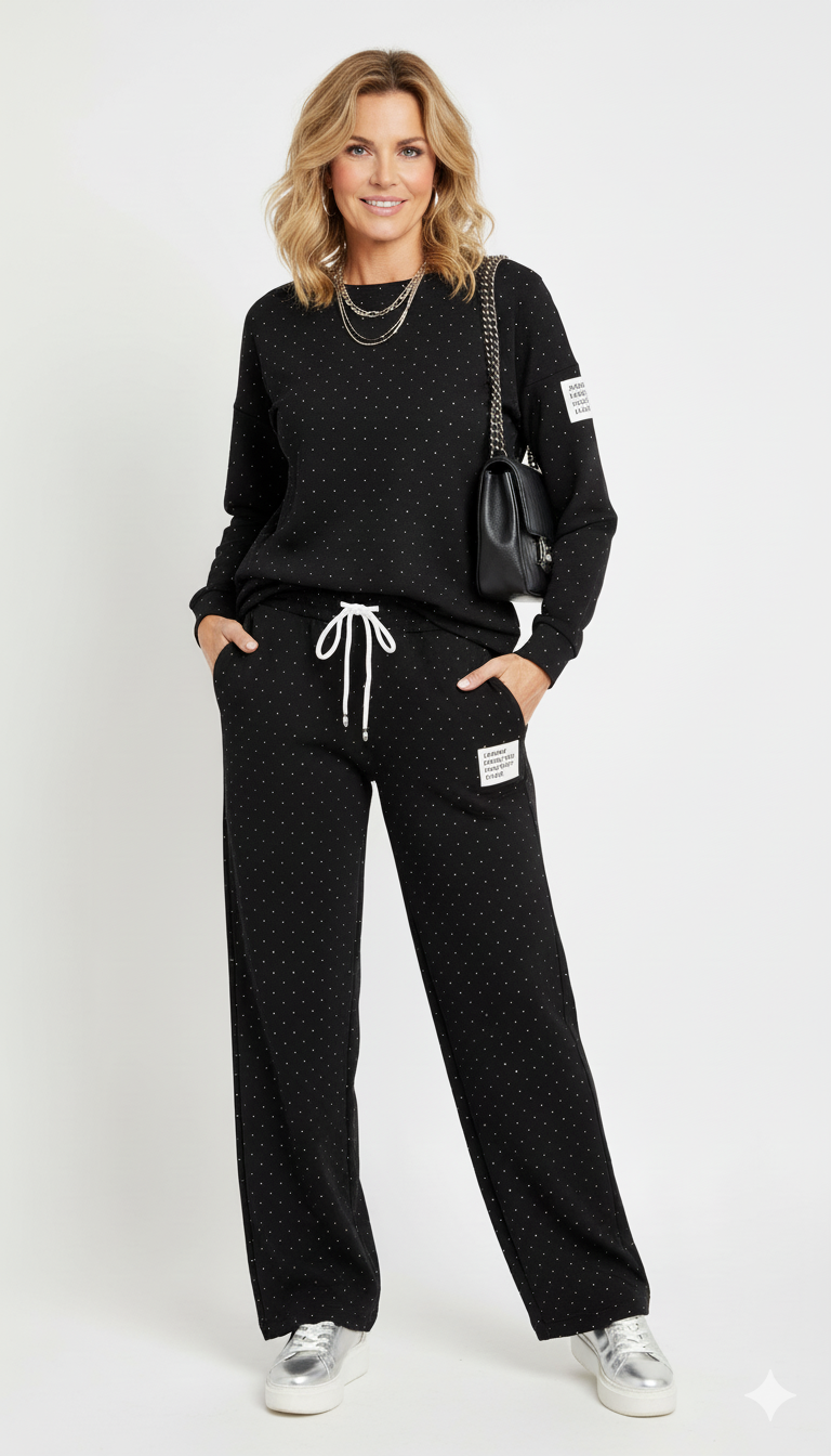 Vrouw draagt zwart joggingpak met witte stippen stijlvolle dames loungewear set met rechte broek en trekkoord.