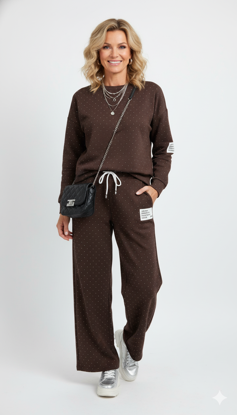 Vrouw draagt bruin joggingpak met witte stippen – comfortabele dames loungewear set met rechte broek en trekkoord.