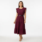 Eva Bordeauxrode Midi Jurk met Ruches en Tailleceintuur - BlushFashionstore