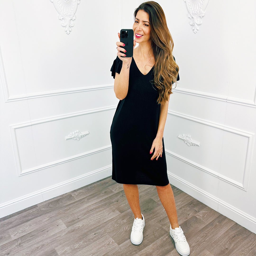 Gebreide Jurk Ruffel Zwart - BlushFashionstore