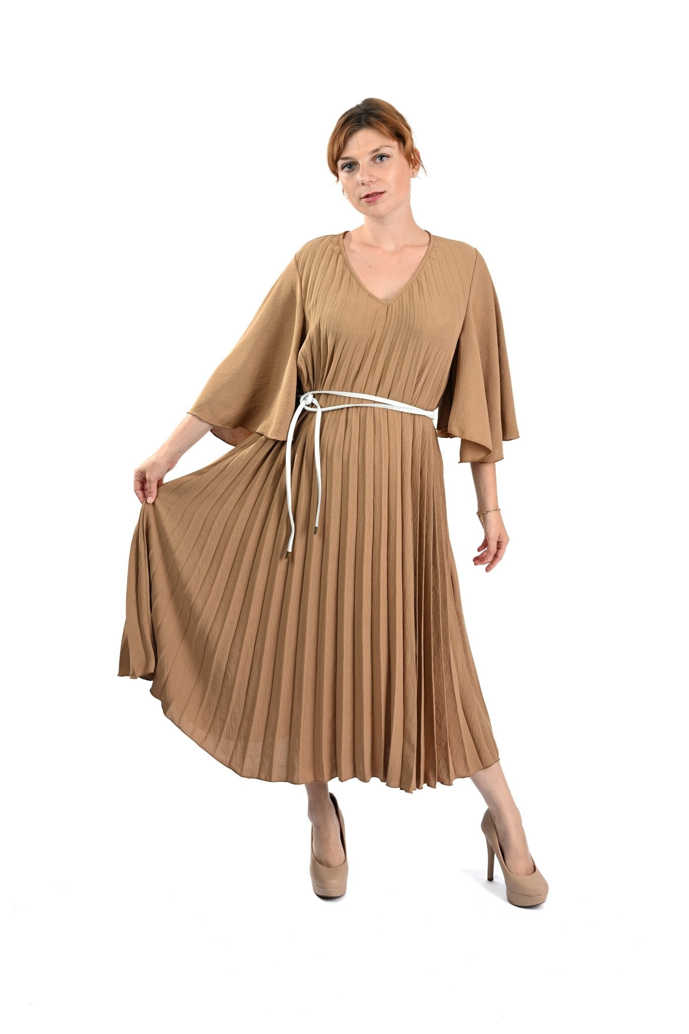 Geplooide Beige Jurk – Elegante Pleated Dress met V - Hals en Comfort Fit - BlushFashionstore