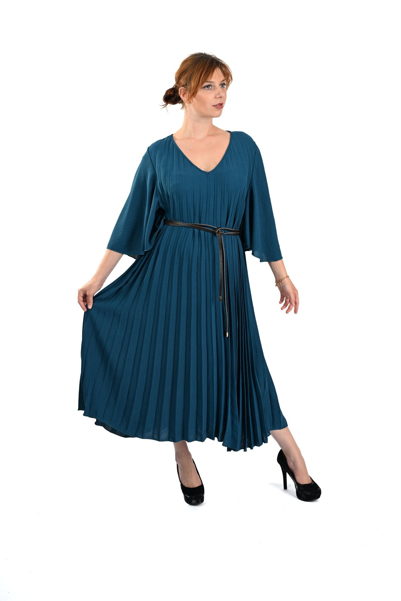 Geplooide Blauwe Jurk – Elegante Pleated Dress met V - Hals en Korte Mouwen - BlushFashionstore