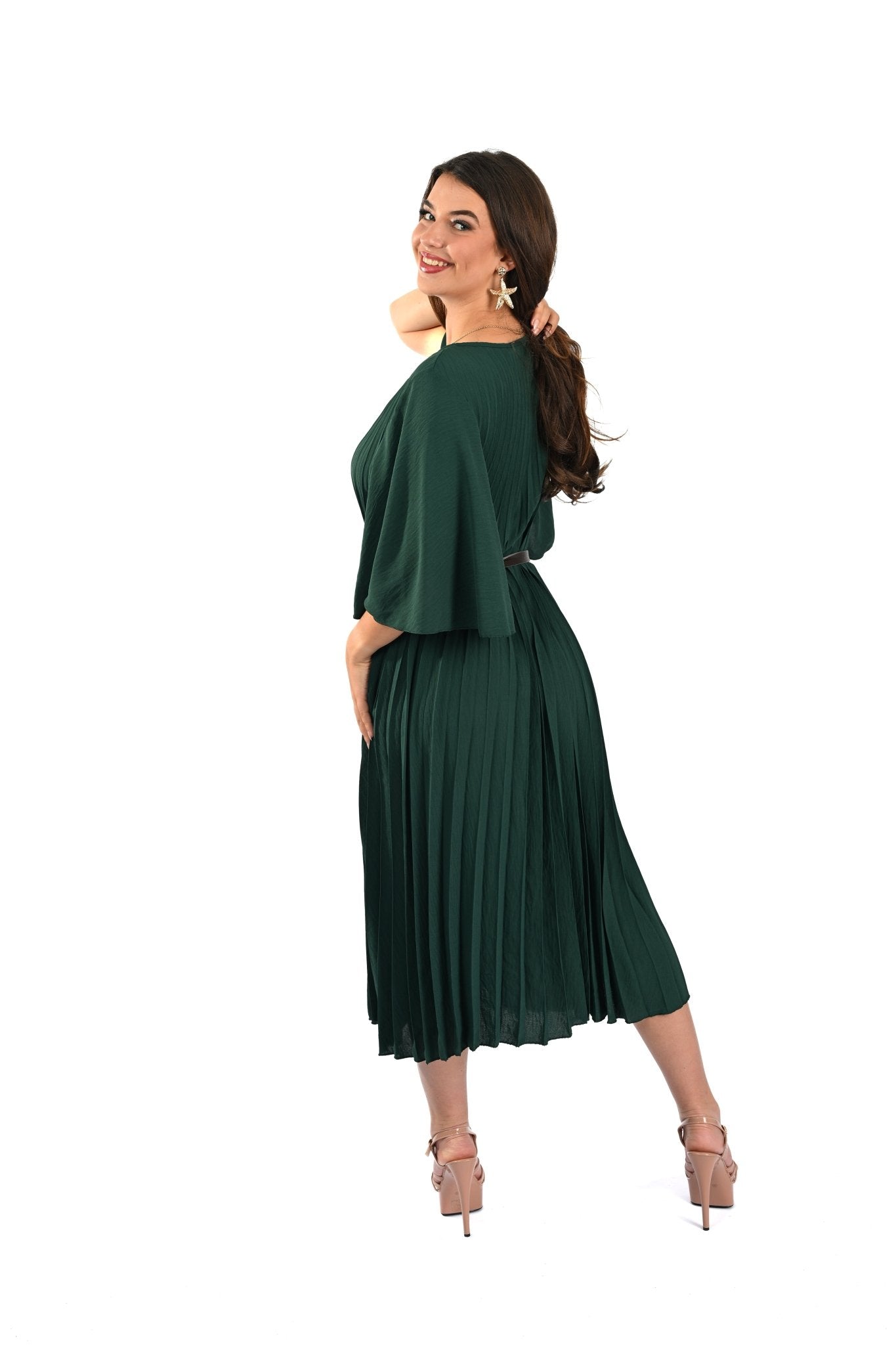 Geplooide Groene Jurk – Comfortabele Pleated Dress met V - Hals - BlushFashionstore