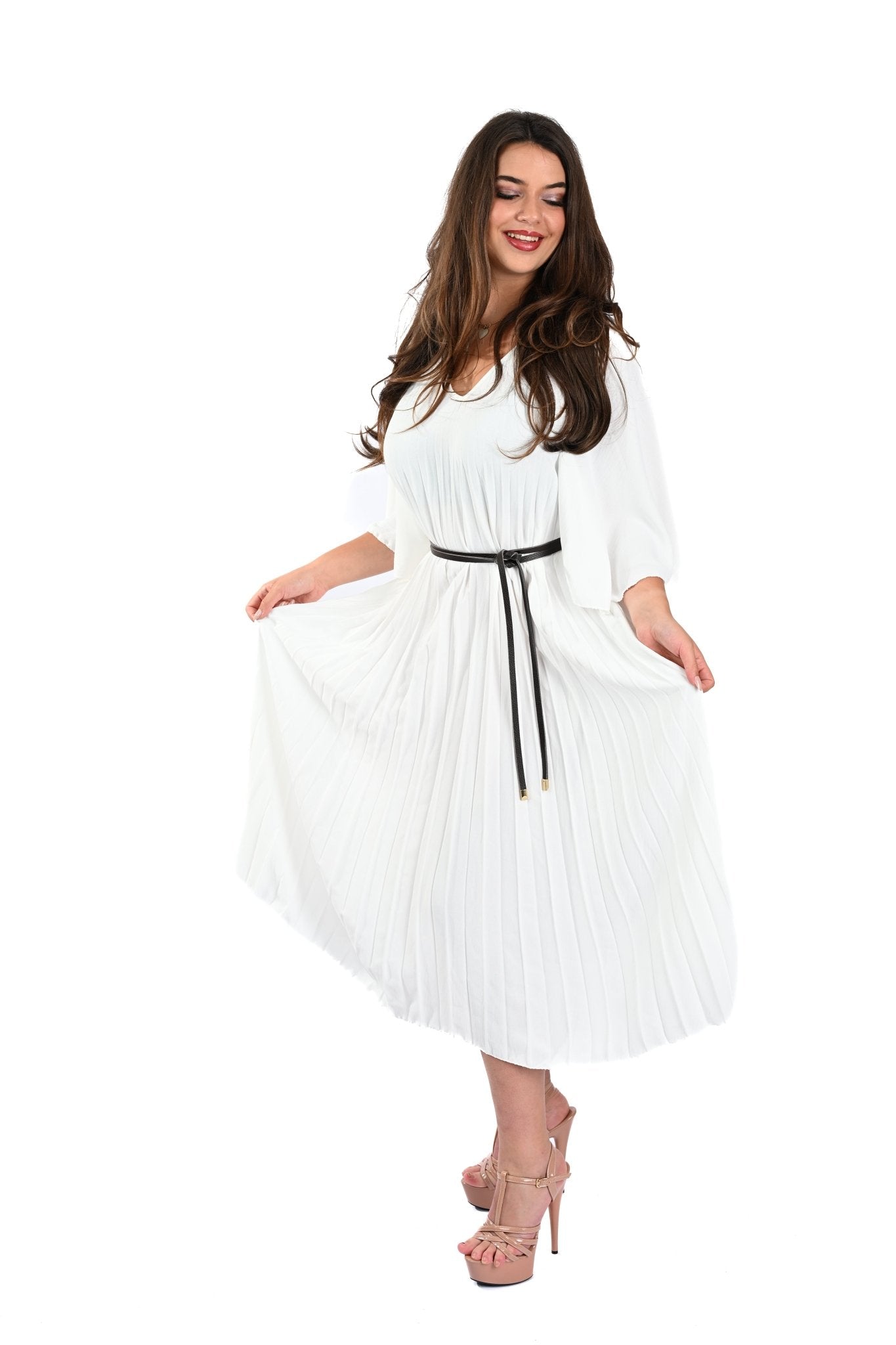 Geplooide Witte Jurk – Elegante Pleated Dress met V - Hals en Korte Mouwen - BlushFashionstore