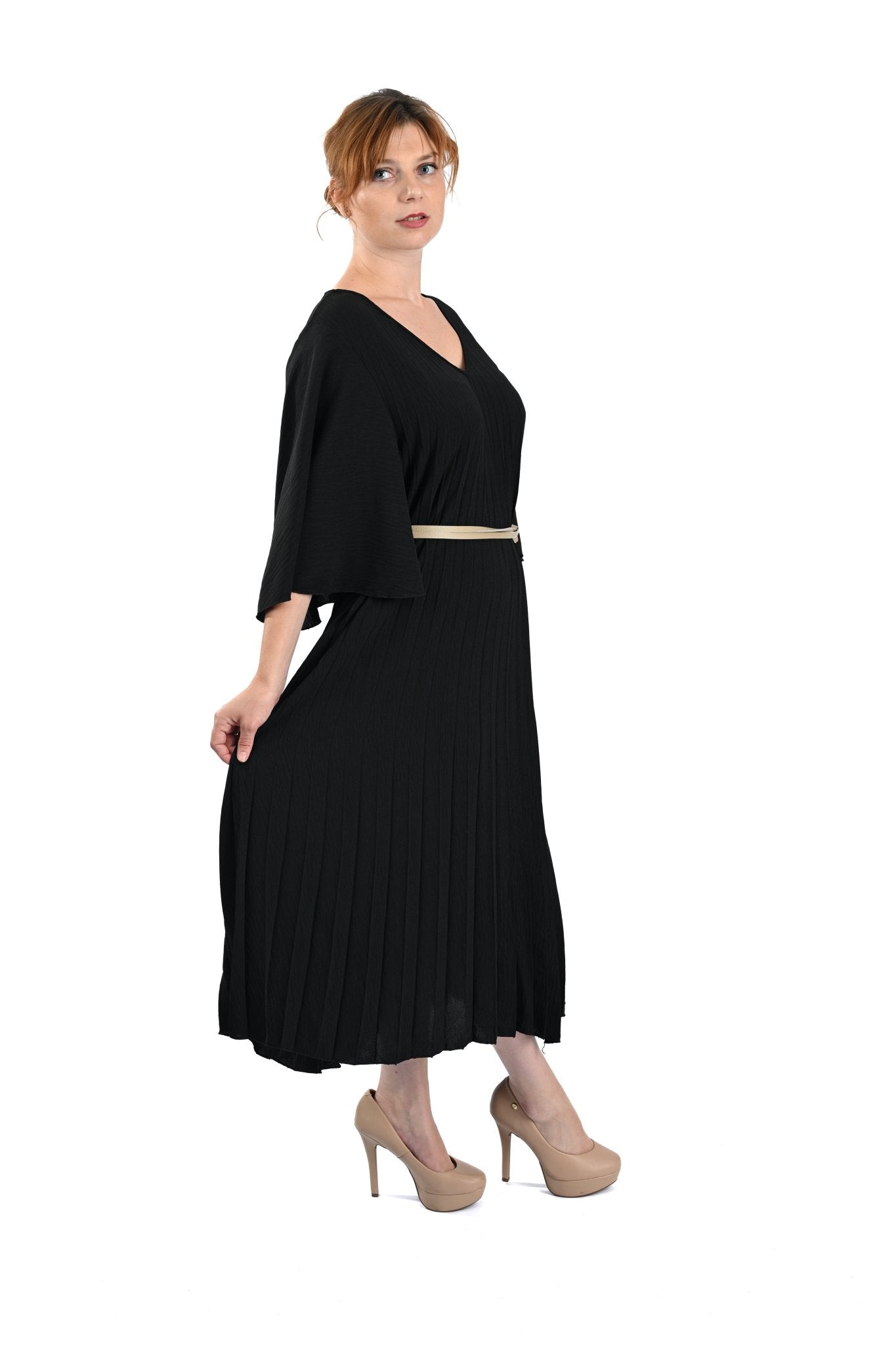 Geplooide Zwarte Jurk – Elegante Pleated Dress met V - Hals en Korte Mouwen - BlushFashionstore