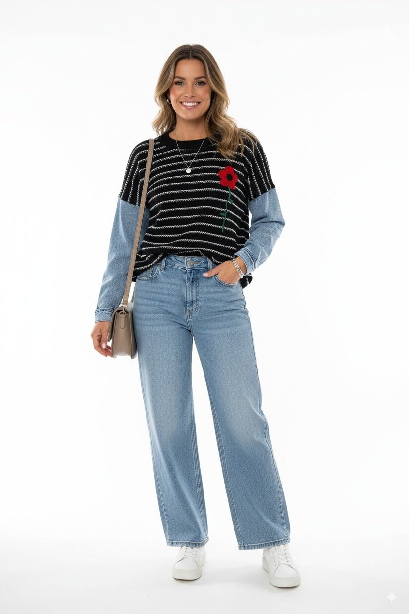 Gestreepte Damestrui met Denim Mouwen & Bloemapplicatie - BlushFashionstore