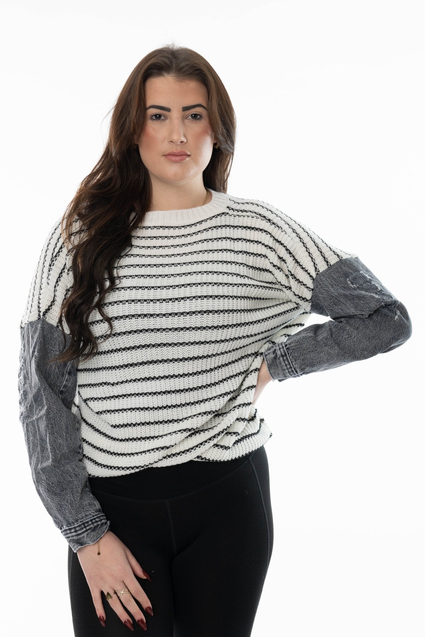 Gestreepte Trui met Contrasterende Denimlook Mouwen - BlushFashionstore