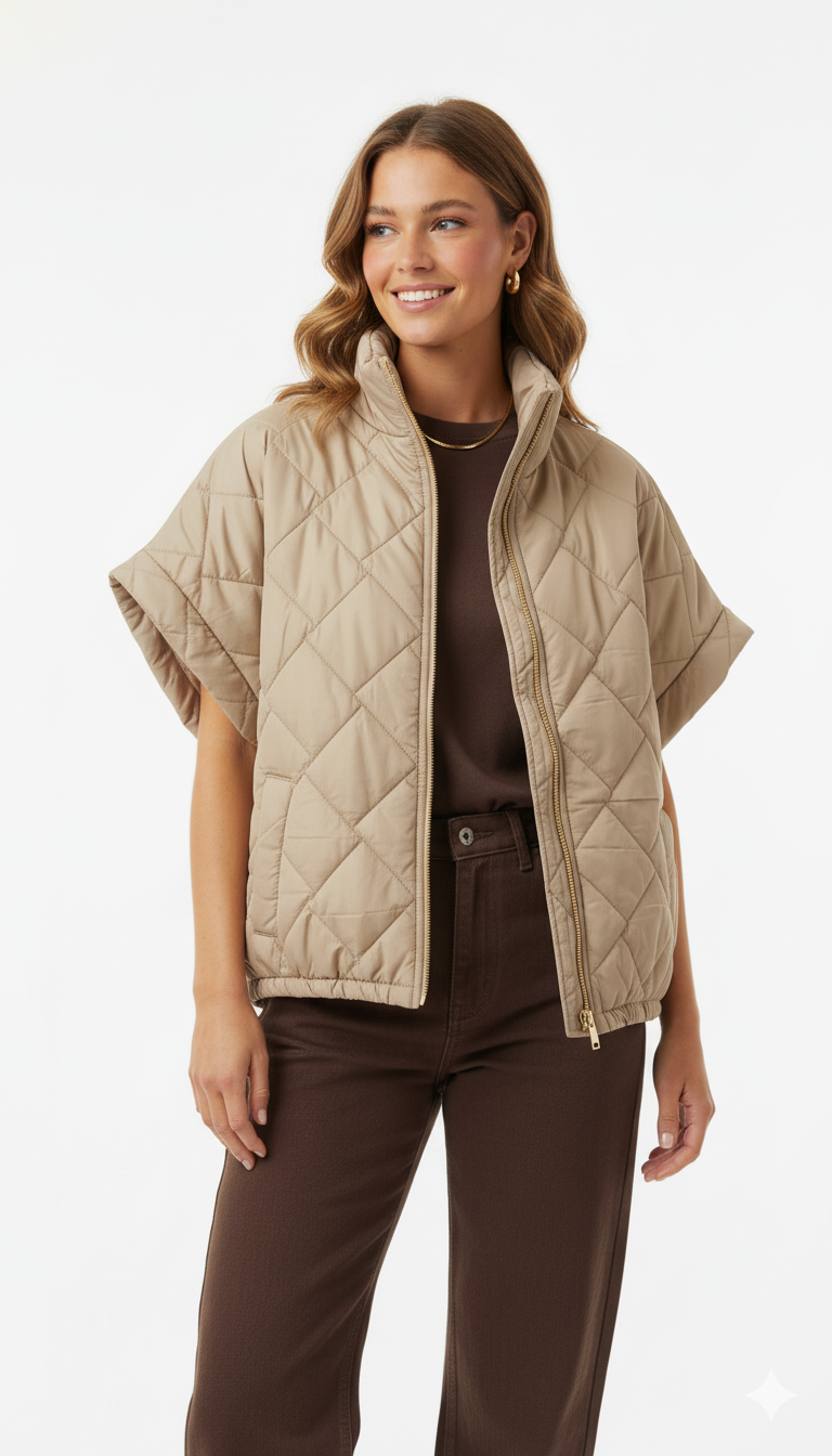Vrouw draagt beige gewatteerde bodywarmer met korte mouwen over bruine top – elegante casual look met gouden details.
