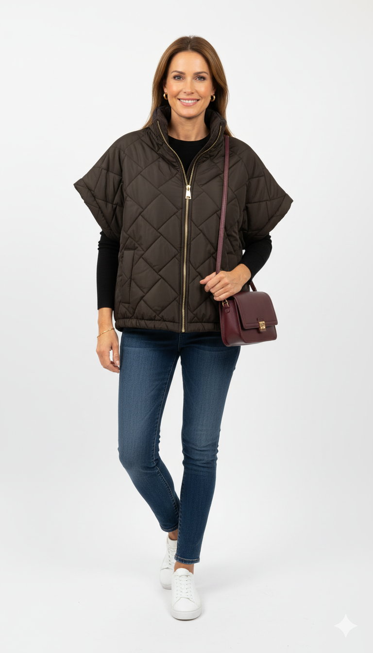 Vrouw draagt donkerbruine gewatteerde bodywarmer met korte mouwen over zwarte trui, met bordeauxrode tas – elegante herfstlook.