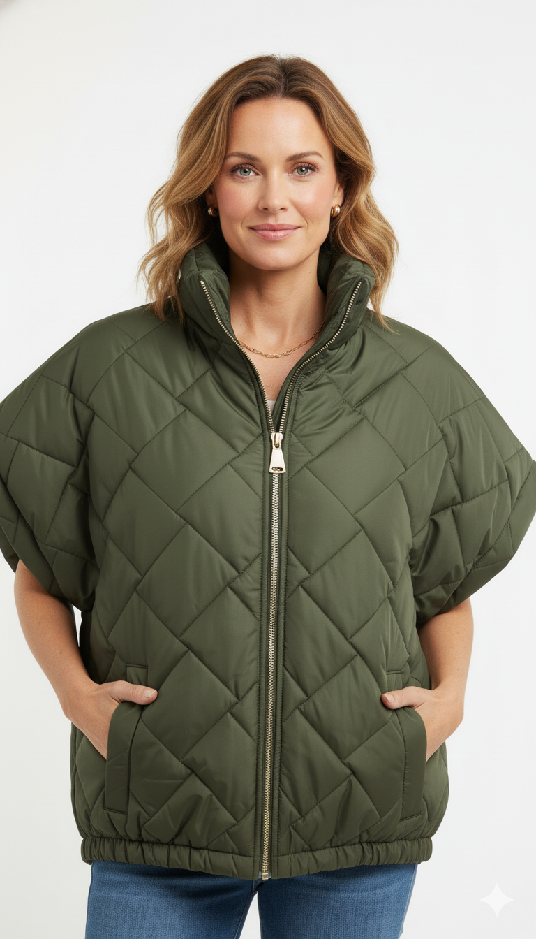 Vrouw draagt groene gewatteerde bodywarmer met korte mouwen en hoge kraag  stijlvolle casual outfit met gouden ritssluiting.