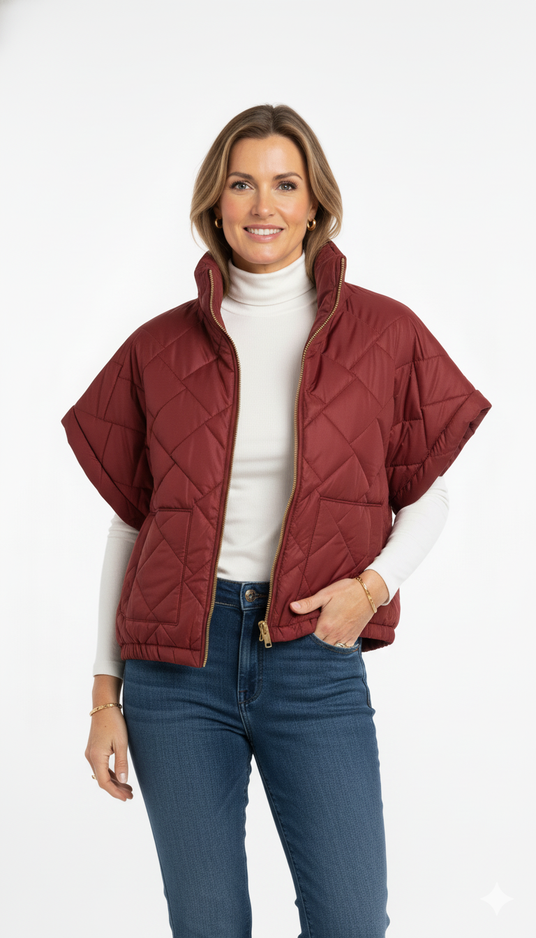 Vrouw draagt bordeauxrode gewatteerde bodywarmer met korte mouwen over een witte coltrui – stijlvolle herfstlook.