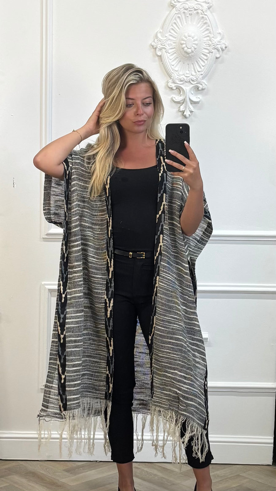 Gestreepte kimono met franjes dames