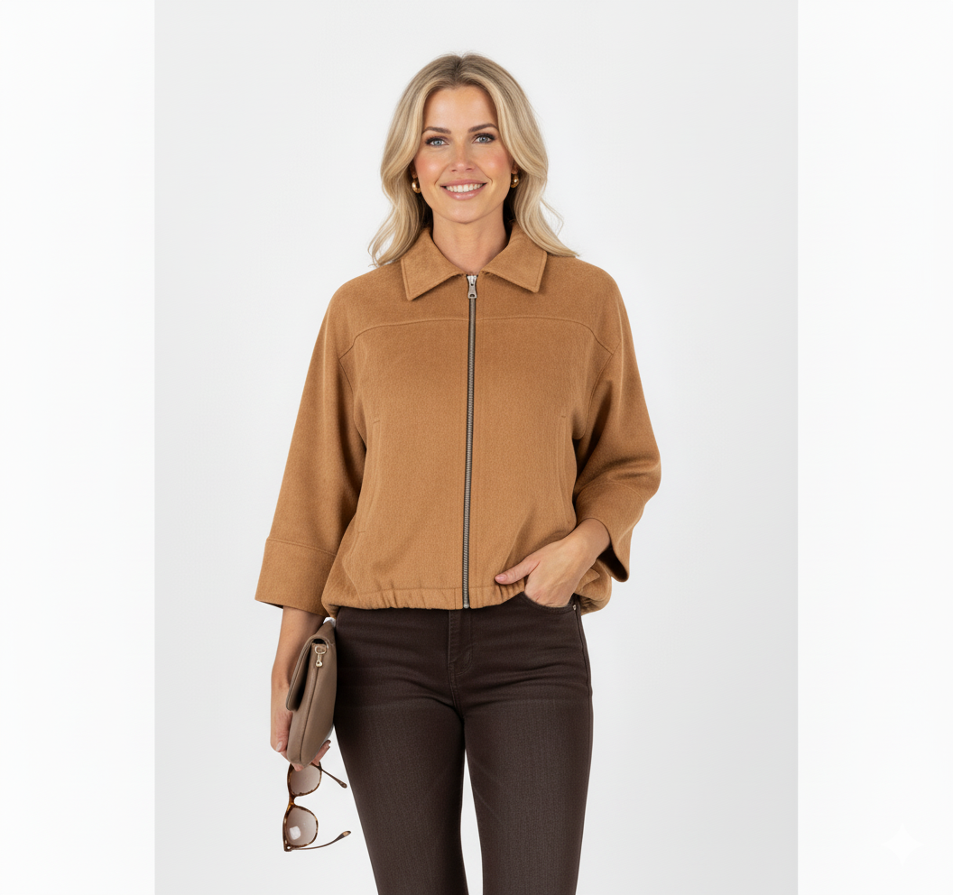 Vrouw met camel-kleurige korte jas met ritssluiting en kraag – stijlvolle damesjas met moderne, elegante pasvorm.