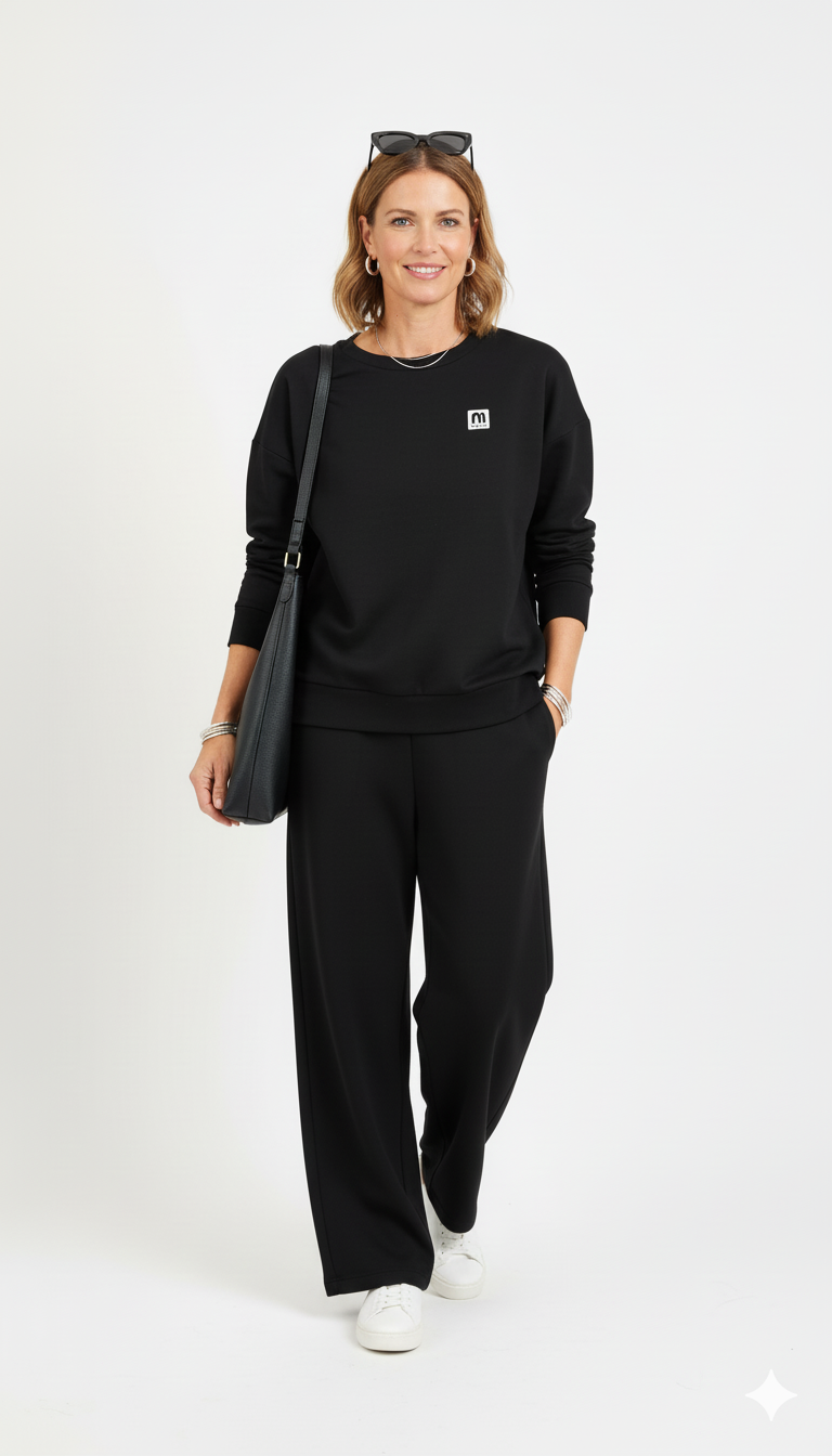 Zwart dames trainingspak met sweater en rechte broek.