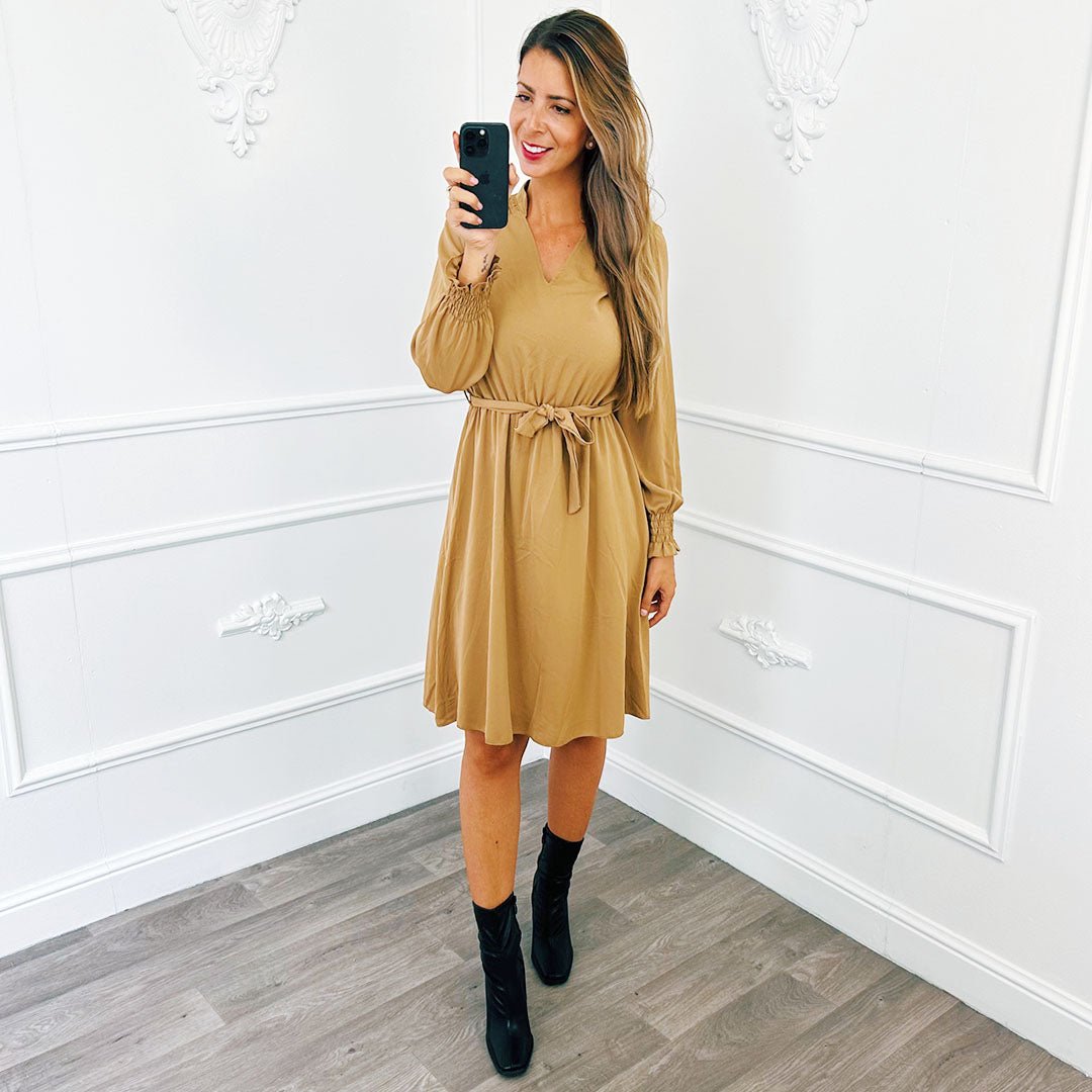 Jurk Basic Smocked Camel - BlushFashionstore